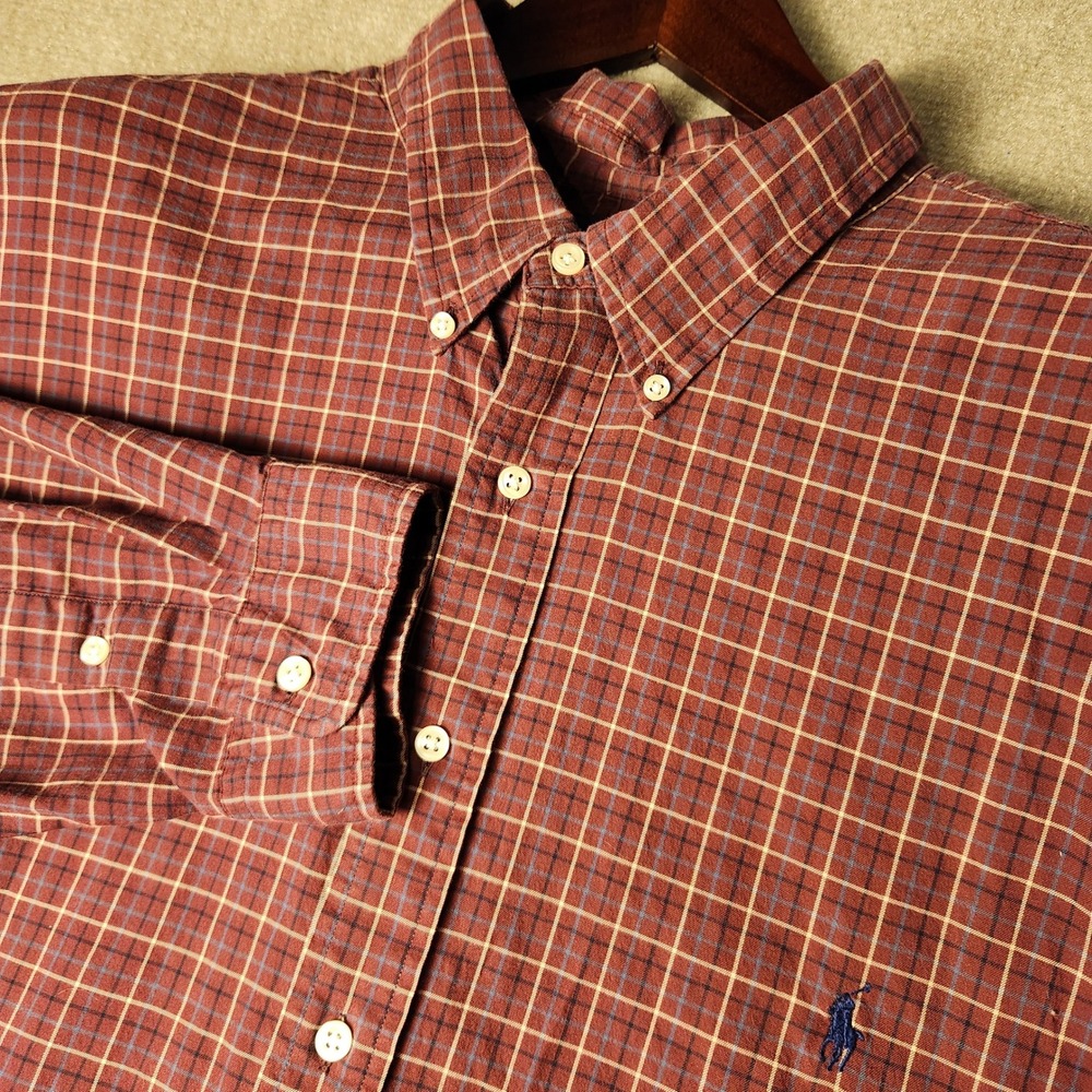 Polo Ralph Lauren Button Down Mens XL Burgundy Blue Plaid Long Sleeve Pony Logo